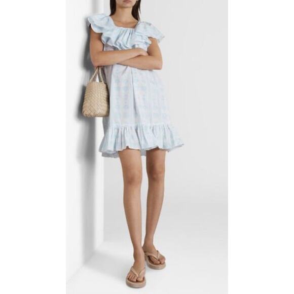 SINDISO KHUMALO Ruffled printed cotton-poplin mini dress Blue White UK 8 US 4 - Picture 1 of 7